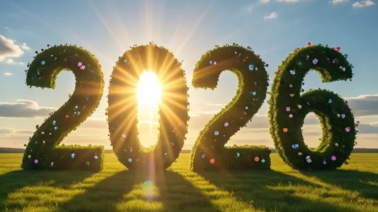 2026 mit Sonne im Hintergrund