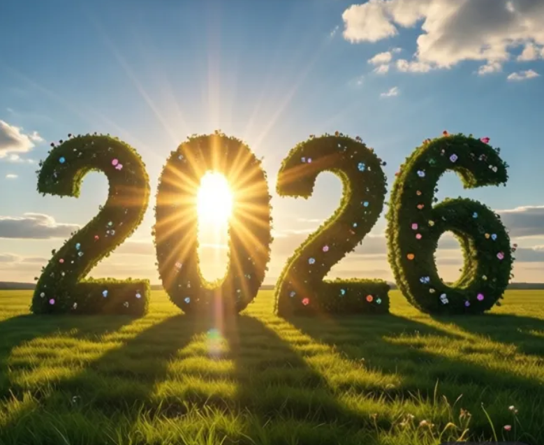 2026 mit Sonne im Hintergrund